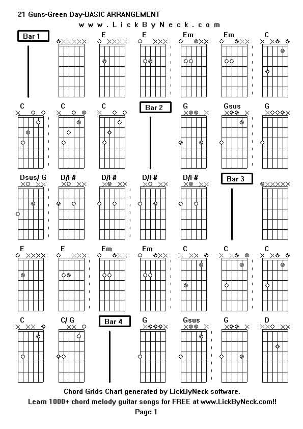Chord Grids Chart of chord melody fingerstyle guitar song-21 Guns-Green Day-BASIC ARRANGEMENT,generated by LickByNeck software.
